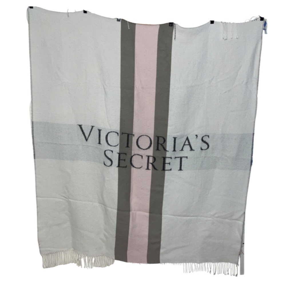 Victoria Secret Fringe Blanket - White, Gray, & Pink